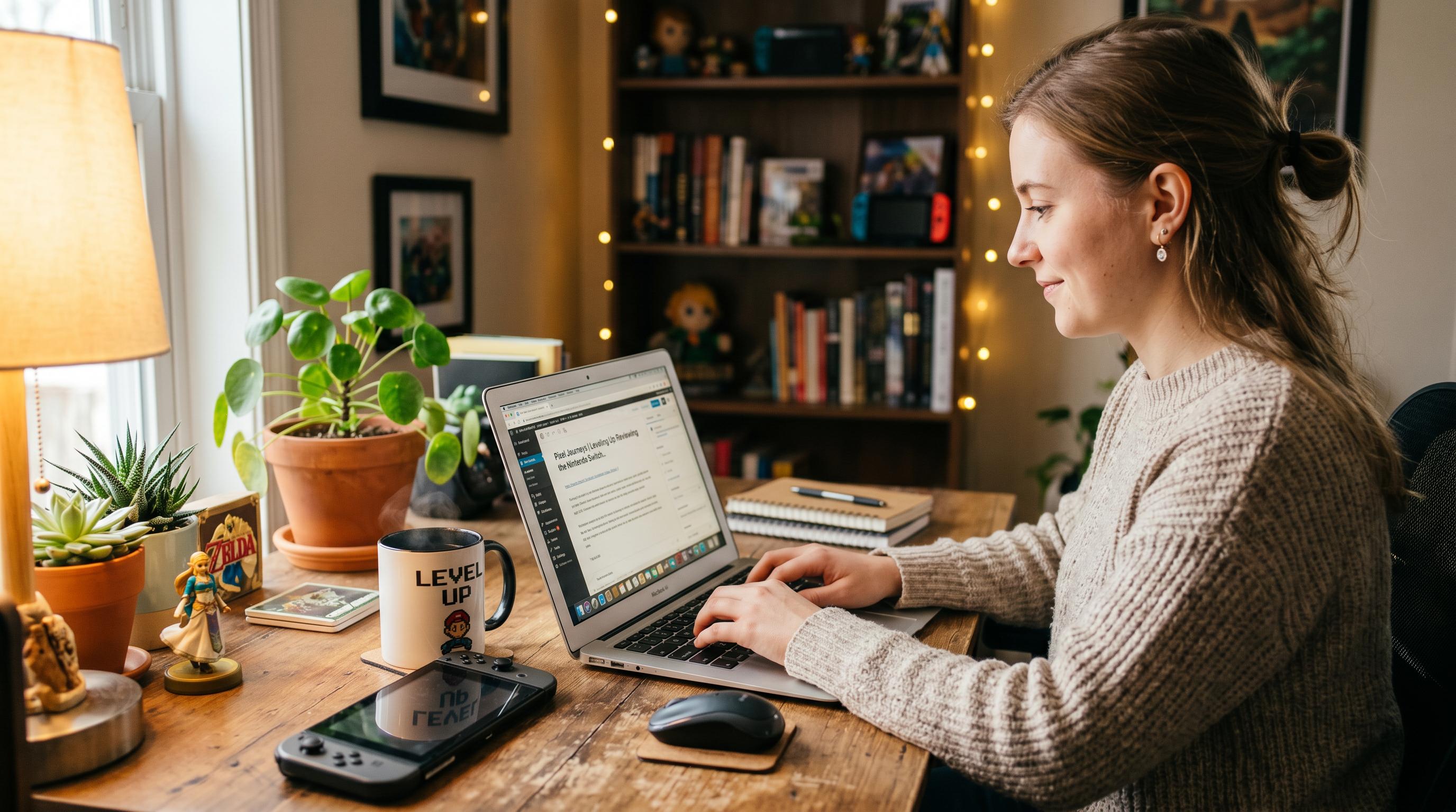Person writing a blog post in a cozy home office